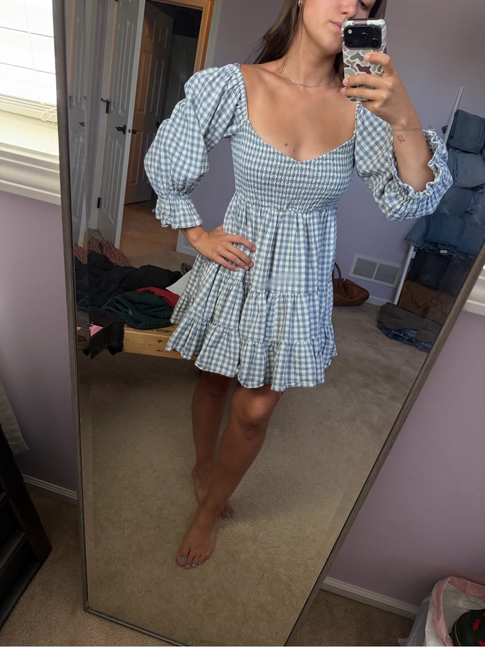 Smocked Puff-Sleeve Gingham Mini Dress in Light Blue and White